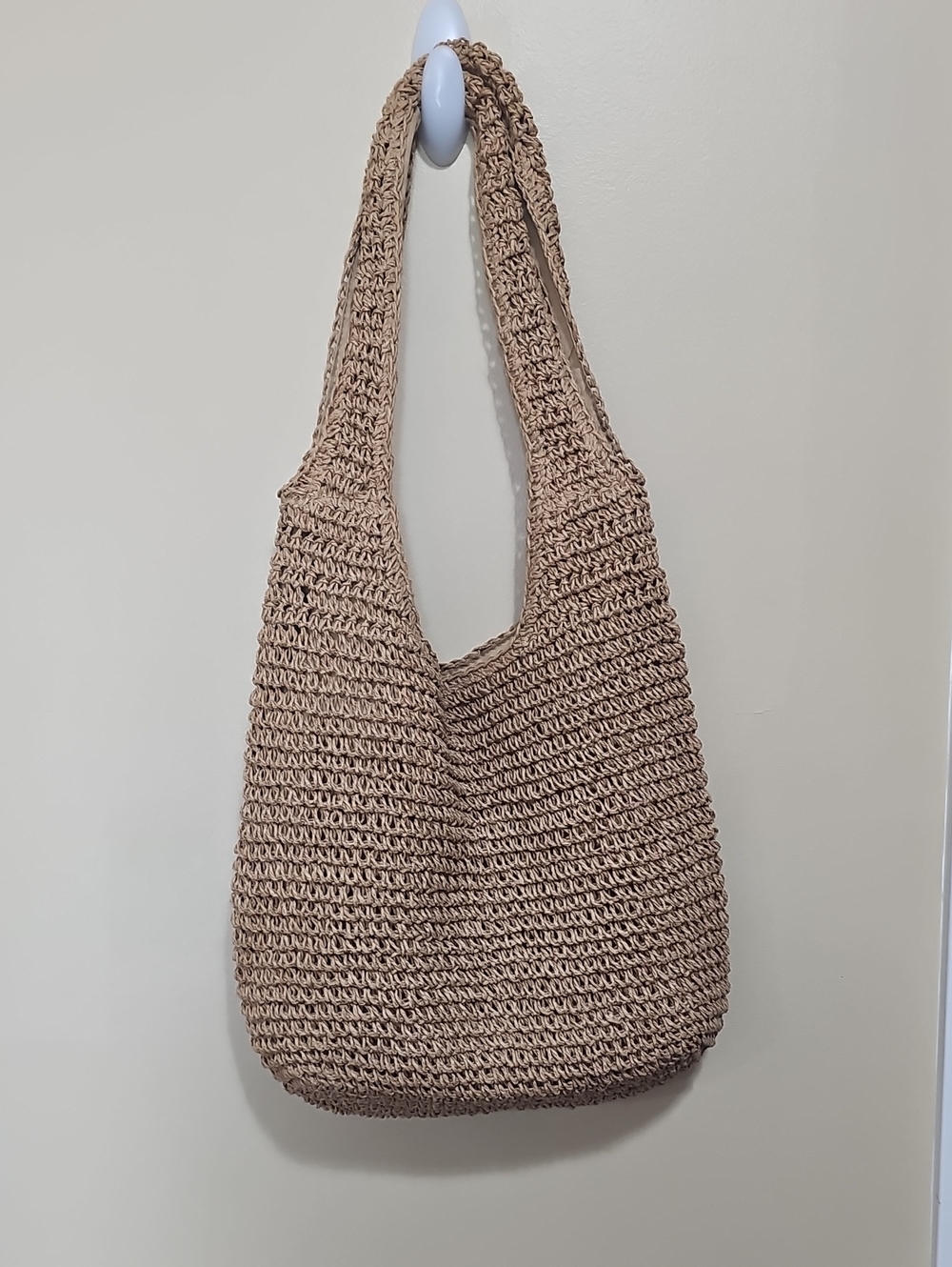 Large Boho Crochet Raffia Slouchy Hobo Shoulder Bag Tan Woven Straw Beach Tote